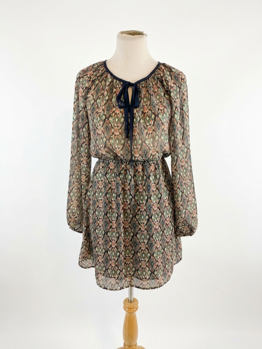Boho Printed Tie-Neck Long Sleeve Dress - Multicolor